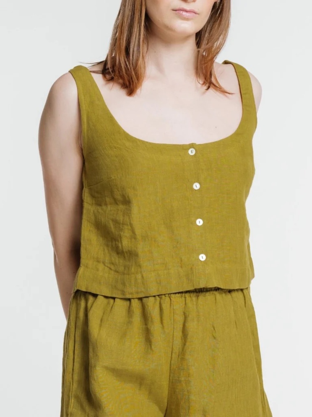Laude the Label Organic Linen Crop Tank in color Dried Tabacco
